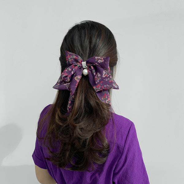 Goddess Ribbon Bow Hair-Pin In Purple Night
