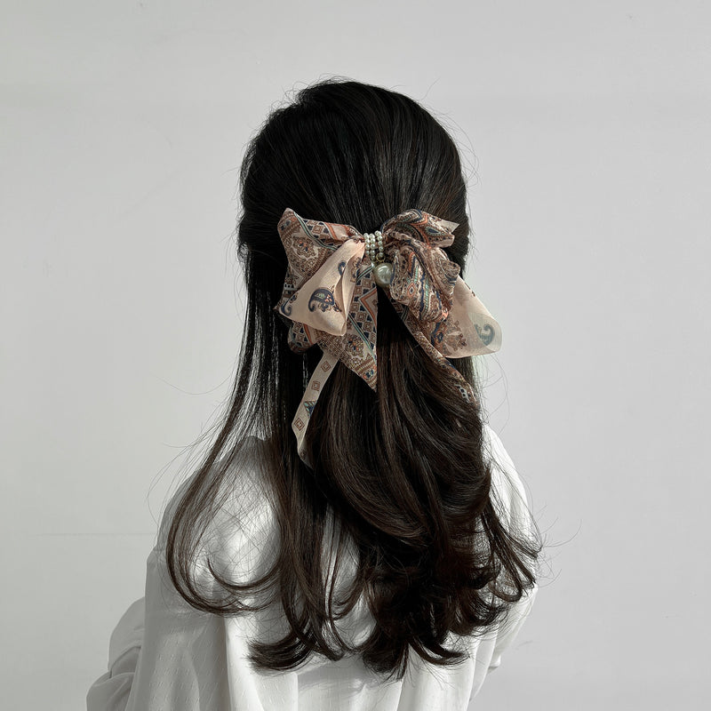 Goddess Ribbon Bow Hair-Pin In Apricot Pink