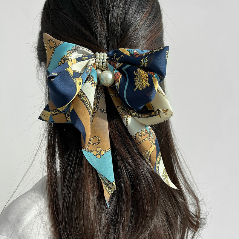 Goddess Ribbon Bow Hair-Pin In Midnight Blue