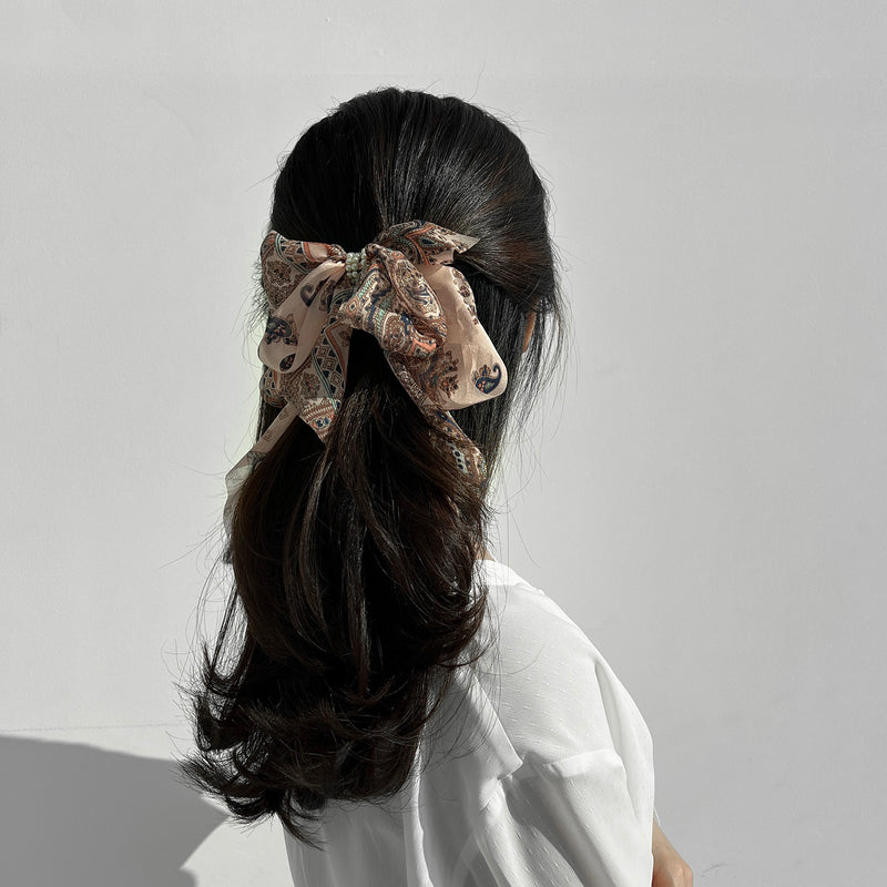 Goddess Ribbon Bow Hair-Pin In Apricot Pink