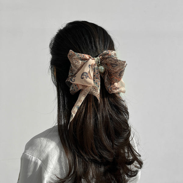 Goddess Ribbon Bow Hair-Pin In Apricot Pink