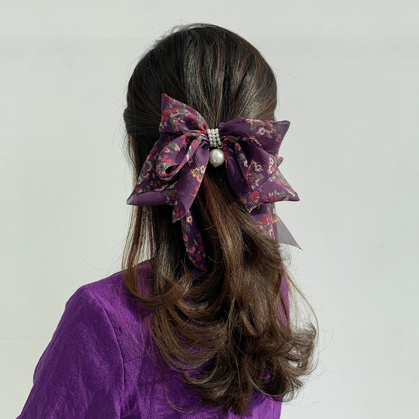 Goddess Ribbon Bow Hair-Pin In Purple Night