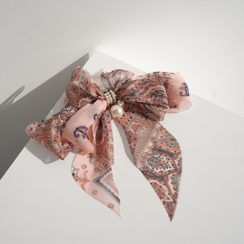 Goddess Ribbon Bow Hair-Pin In Apricot Pink