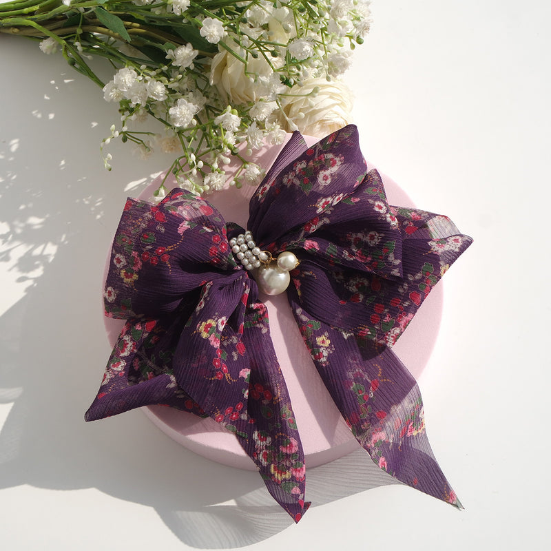 Goddess Ribbon Bow Hair-Pin In Purple Night