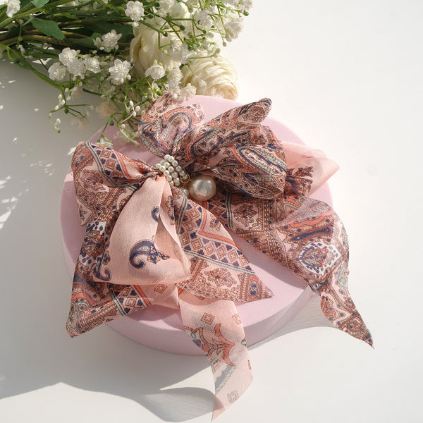 Goddess Ribbon Bow Hair-Pin In Apricot Pink