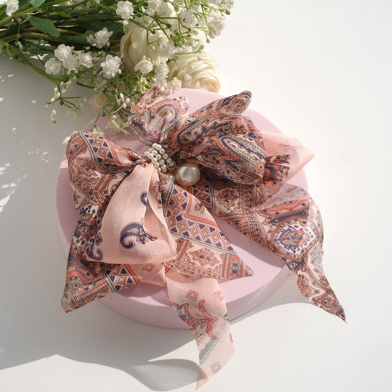 Goddess Ribbon Bow Hair-Pin In Apricot Pink