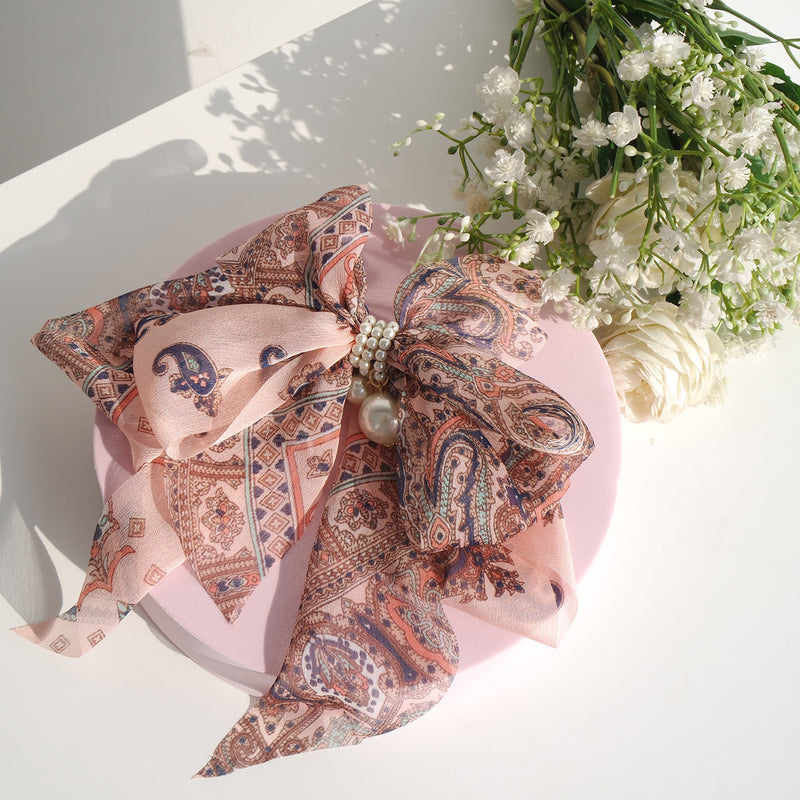 Goddess Ribbon Bow Hair-Pin In Apricot Pink
