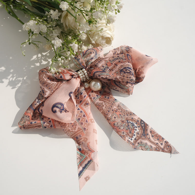 Goddess Ribbon Bow Hair-Pin In Apricot Pink