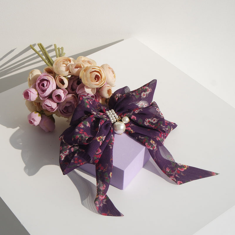 Goddess Ribbon Bow Hair-Pin In Purple Night