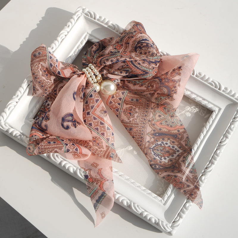 Goddess Ribbon Bow Hair-Pin In Apricot Pink