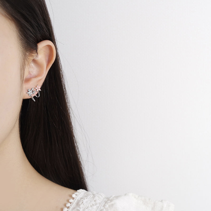 The promise under the cherry blossom earrings/ear cuff In Silver [Two-two]